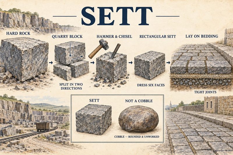 Diagram of a quarry block split in two directions and dressed on six faces into a rectangular sett laid on bedding, with a rounded unworked cobble shown for comparison.