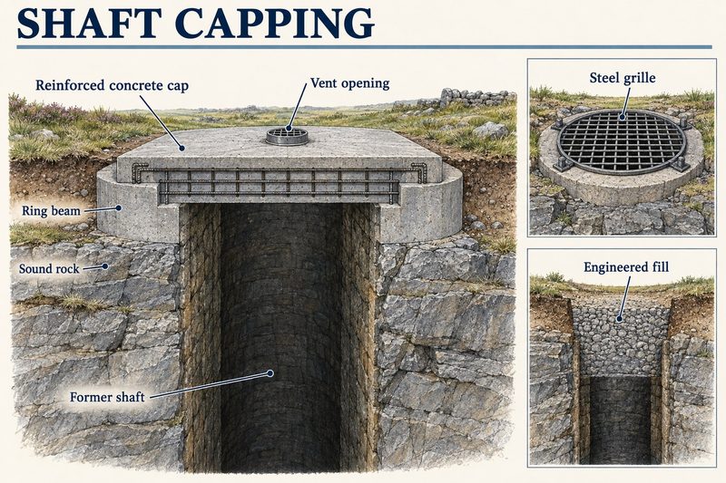 Cutaway of a concrete cap on a ring beam over a disused shaft, with insets of a steel grille and an engineered fill.