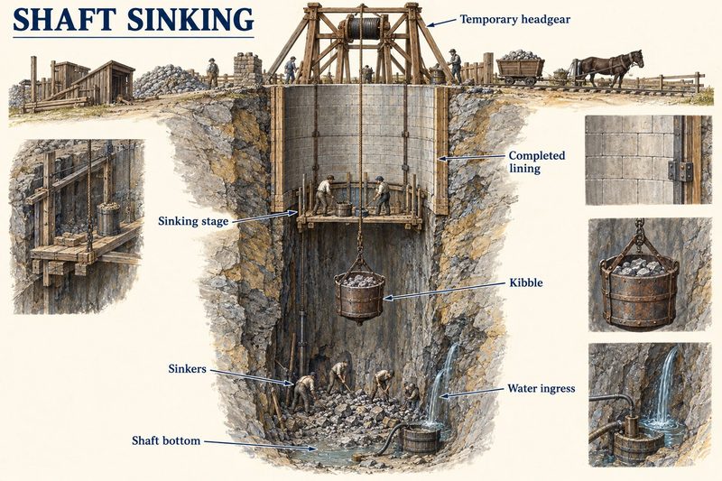 Cutaway of a shaft being sunk under temporary headgear, sinkers at the bottom loading a kibble while water pours in from a fissure.