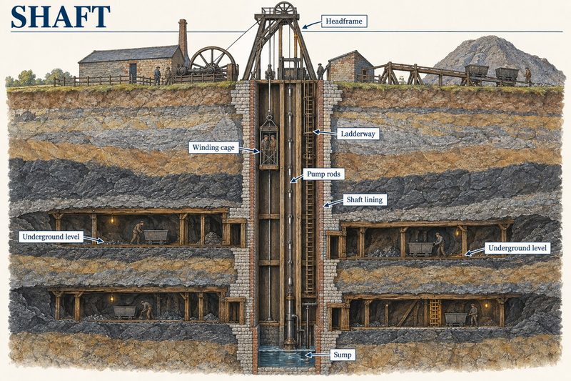 Cutaway of a lined shaft under a headframe, divided for a winding cage, pump rods and a ladderway, with levels either side and a sump below.
