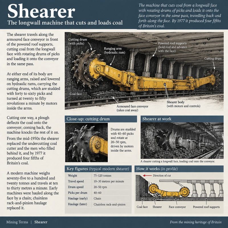 A shearer with a cutting drum at each end running along the face conveyor in front of powered roof supports.