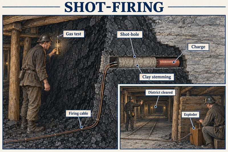 A shotfirer testing for gas with a flame lamp at a coal face, with a cutaway of a charged shot-hole plugged with clay stemming.