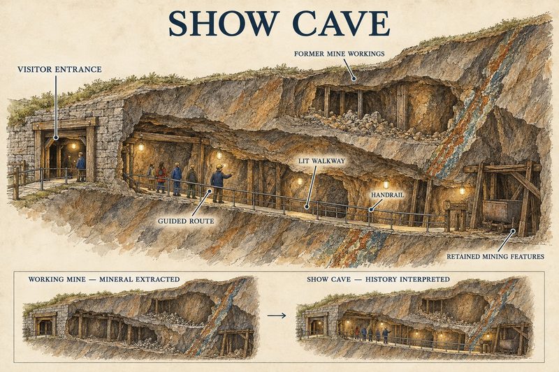 Cutaway diagram of former mine workings adapted as a show cave, with a visitor entrance, a lit walkway and handrail along a guided route, and original mining features left in place.
