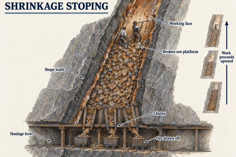 Miners drilling the top of a steep stope while standing on the broken ore that fills it, which is drawn off through chutes to the level below.