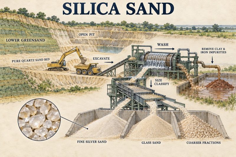 Diagram of a quartz sand bed in the Lower Greensand worked as an open pit, washed to strip clay and iron into a lagoon, then classified into silver sand, glass sand and coarser sizes.