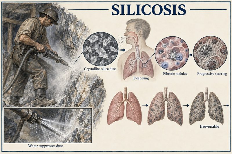 A miner drilling quartz rock in a dust cloud beside drawings of silica particles in the lung, nodules and scarring spreading until the damage is irreversible.
