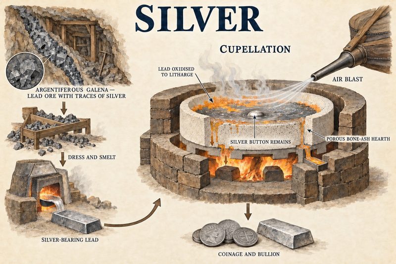 Argentiferous galena dressed and smelted to silver-bearing lead, then cupelled on a bone-ash hearth under an air blast until a silver button remains.