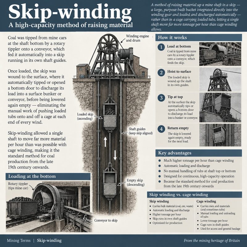 A loaded skip rising and an empty one descending in a shaft below a headframe, with a tippler emptying a mine car at the bottom.