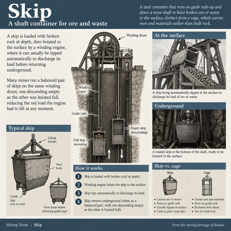 A full skip rising and an empty one descending on guides in a shaft below a winding drum, with a skip tipping at the surface.