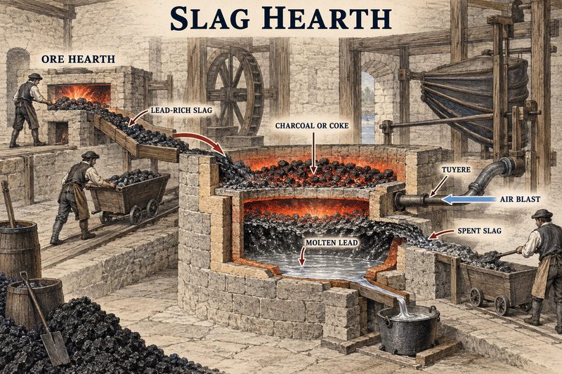 Cutaway diagram of lead-rich slag passing from an ore hearth to a separate blown slag hearth, where molten lead separates from spent slag.