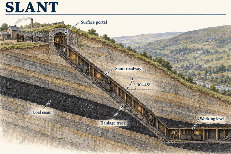 An arched portal on a hillside with a timbered roadway running down at 30 to 45 degrees along a coal seam to a working level.