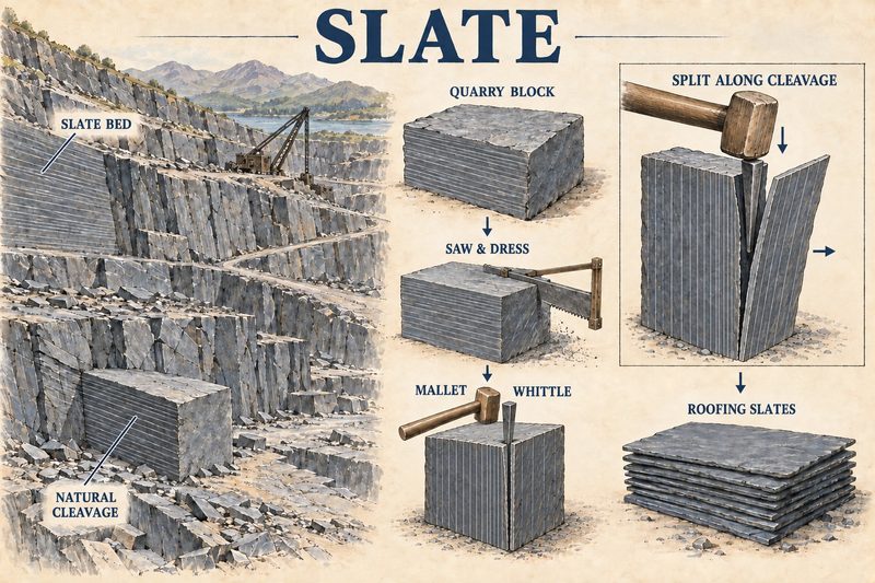 Diagram of a slate quarry's galleries and the sequence from quarry block through sawing and dressing to splitting along the cleavage with mallet and whittle into roofing slates.