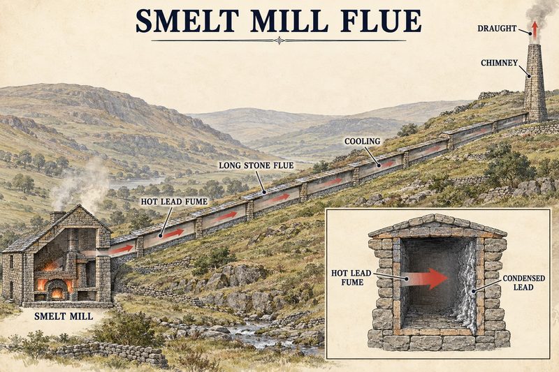 Landscape cutaway of a long stone flue carrying lead fume uphill from a smelt mill to a chimney while condensed lead collects on its inner walls.