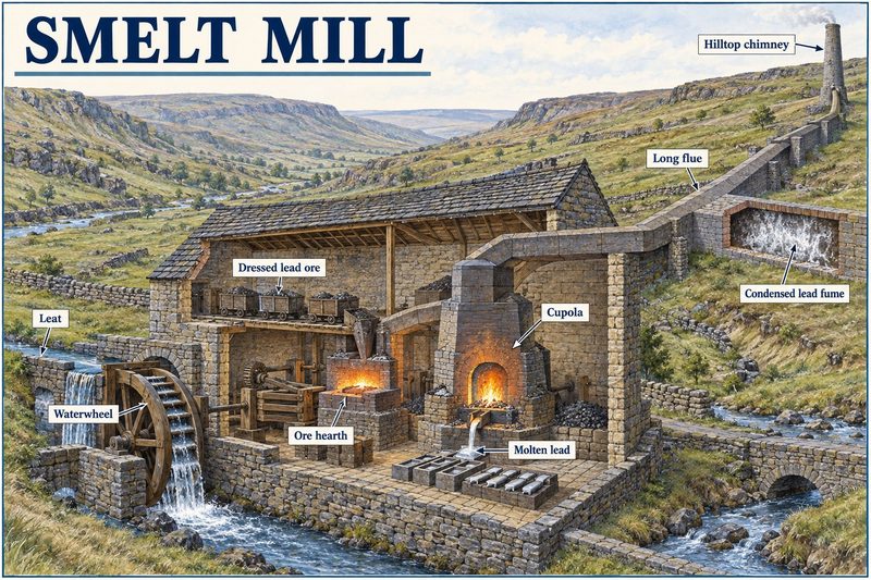 Cutaway of a lead smelt mill in a dale, its hearths and furnace producing pig lead and a long flue climbing to a hilltop chimney.