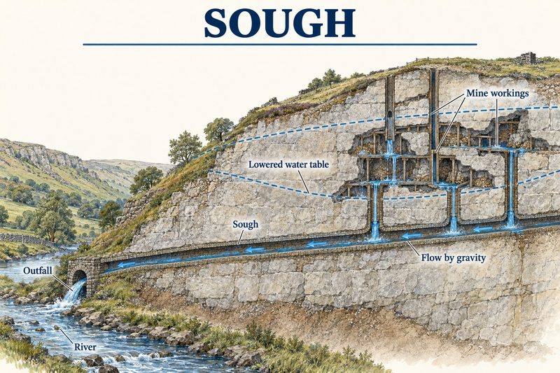 Cutaway of a hillside with mine workings high up and a tunnel at its base draining their water by gravity to an outfall in the river below.