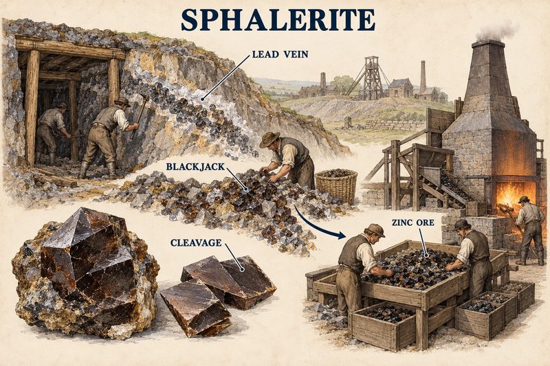 Blackjack picked from lead-vein spoil and sorted as zinc ore, with a crystal specimen and cleavage fragments of sphalerite.