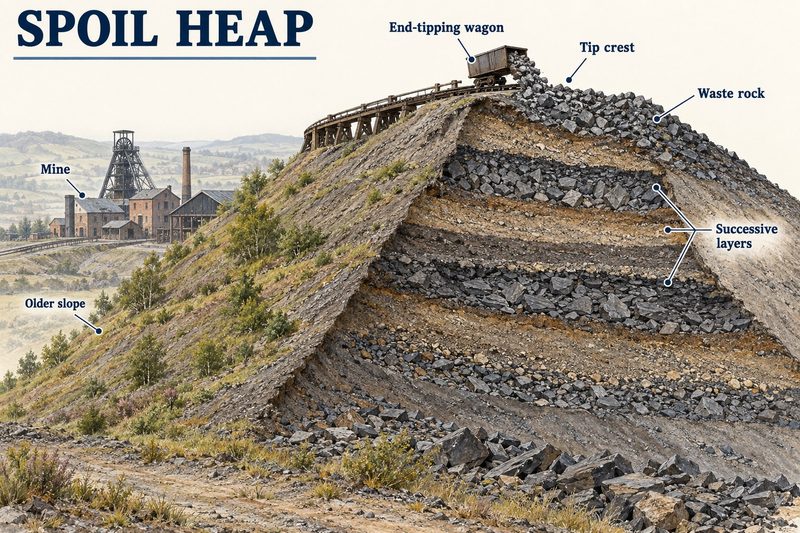 An end-tipping wagon discharging waste from the crest of a colliery spoil heap, cut away to show the layers tipped inside it.