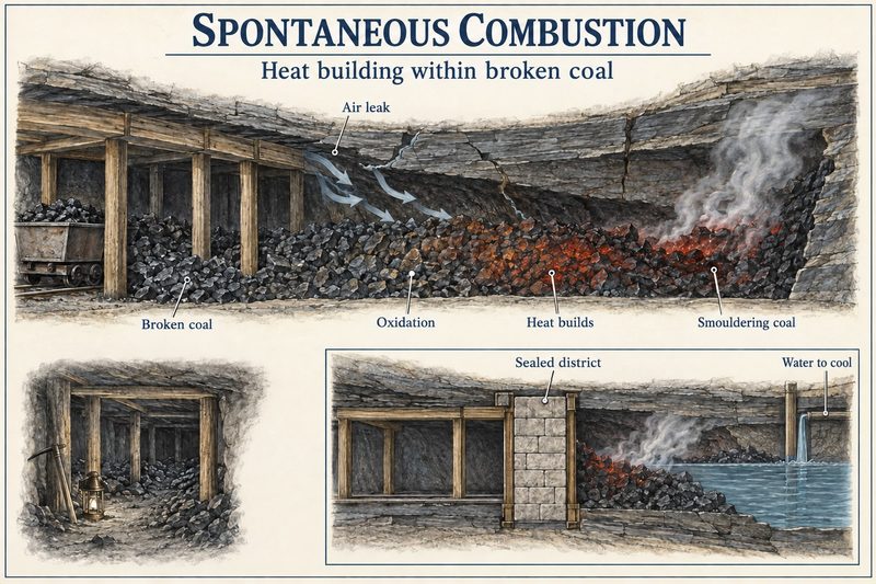 Air leaking into a pile of broken coal feeds oxidation until heat builds and the coal smoulders, with insets of a sealed district and water used to cool it.