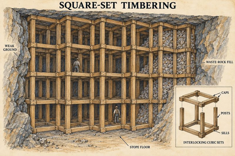 Cutaway diagram of interlocking cubic timber sets supporting a wide weak-ground stope, with selected cells packed with waste rock.