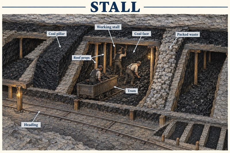 Stalls driven into a coal seam off a heading, separated by coal pillars and stone packs, with colliers working the face under timber props.