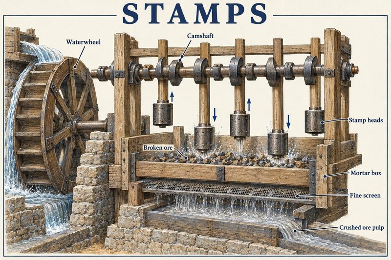Water-powered stamps, a camshaft lifting iron-shod heads and dropping them onto ore in a mortar box.