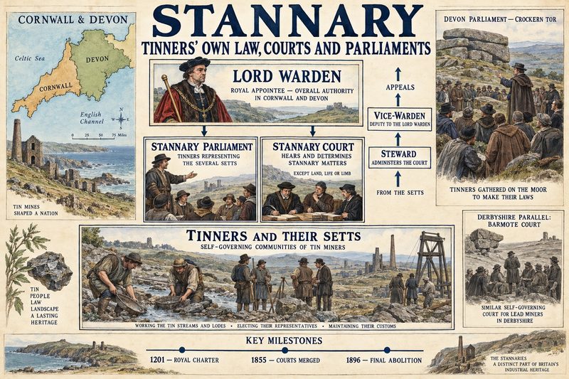 A map of Cornwall and Devon, the Lord Warden over the stannary parliament and court, tinners gathered at Crockern Tor, the Barmote parallel, and the milestones of 1201, 1855 and 1896.