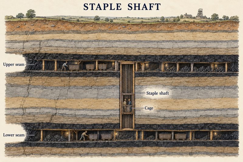 Section of two worked coal seams joined by a staple shaft with a cage in it, which stops short of the surface.