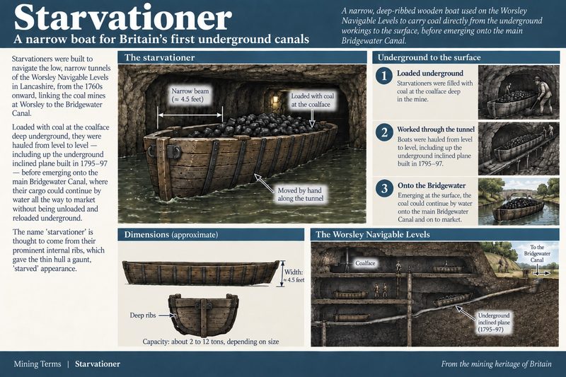 A ribbed wooden starvationer heaped with coal in a flooded tunnel, with panels on its width, its route out of the Worsley levels and its capacity.
