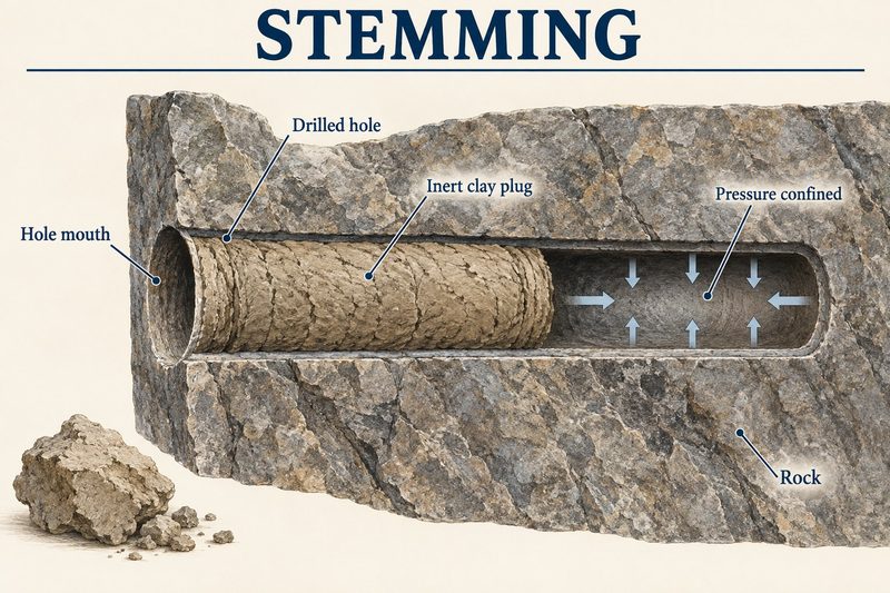 Cutaway of a drilled shot-hole in rock, an inert clay plug rammed in from the mouth so the blast pressure stays confined in the rock.