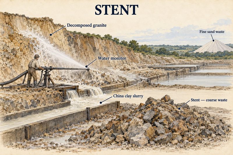 A water monitor washing decomposed granite into china clay slurry, with coarse stent waste rock in the foreground and a pyramid of fine sand waste beyond.