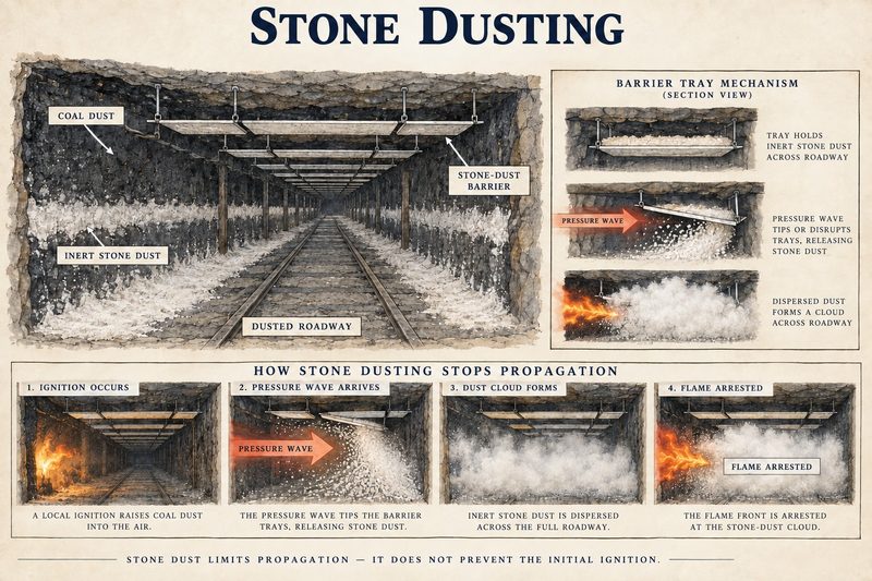 Diagram of a stone-dusted colliery roadway with suspended barrier trays, and a four-step sequence showing a pressure wave releasing the dust and arresting the flame front.