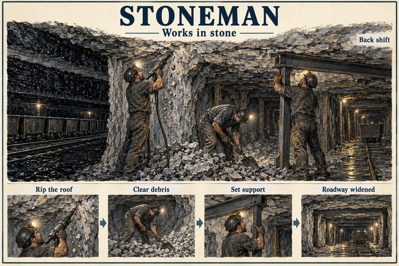 Stonemen on the back shift rip down roof stone with a drill, clear the debris and set steel supports, widening a roadway beside the coal.