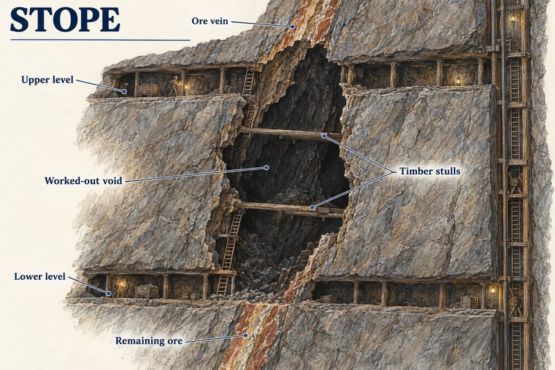 A steep ore vein between two timbered levels, worked out into a tall void braced with heavy timber stulls.