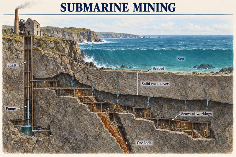 A clifftop engine house and shaft, with levels running out under the sea along an ore lode beneath a thickness of solid rock cover.