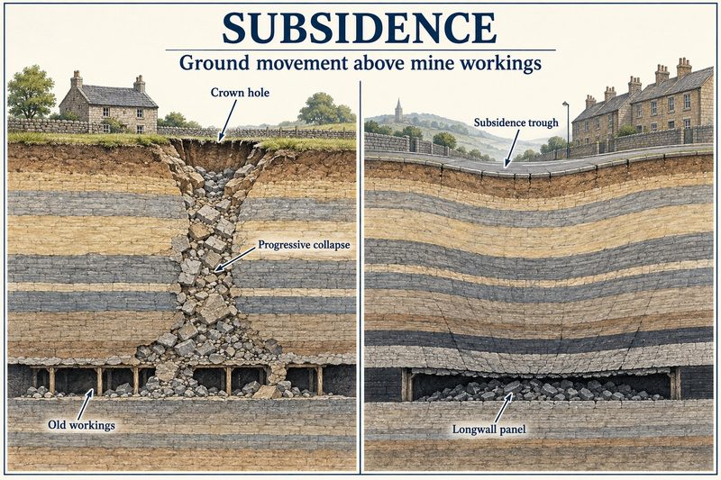 Two sections compare a crown hole opening at the surface above collapsing old workings with a broad subsidence trough settling over a longwall panel.