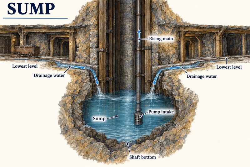 Drainage water running from the lowest level into a pool below the shaft bottom, where a pump intake lifts it up a rising main.