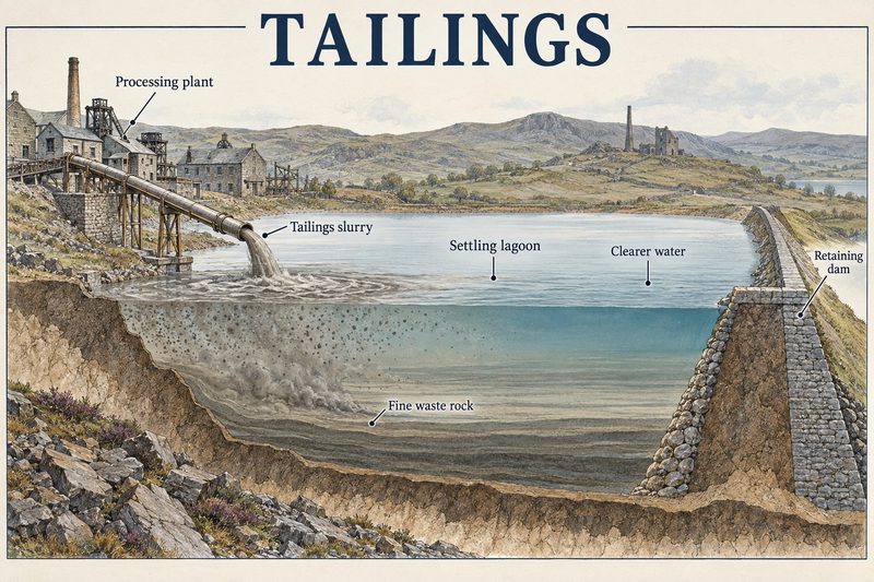 Cutaway of a tailings lagoon, slurry piped in from a plant and the fine waste settling out behind a stone retaining dam.