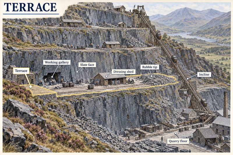 Stepped terraces on a slate quarry face, one outlined with its working gallery, dressing shed and rubble tip, and an incline to the quarry floor.