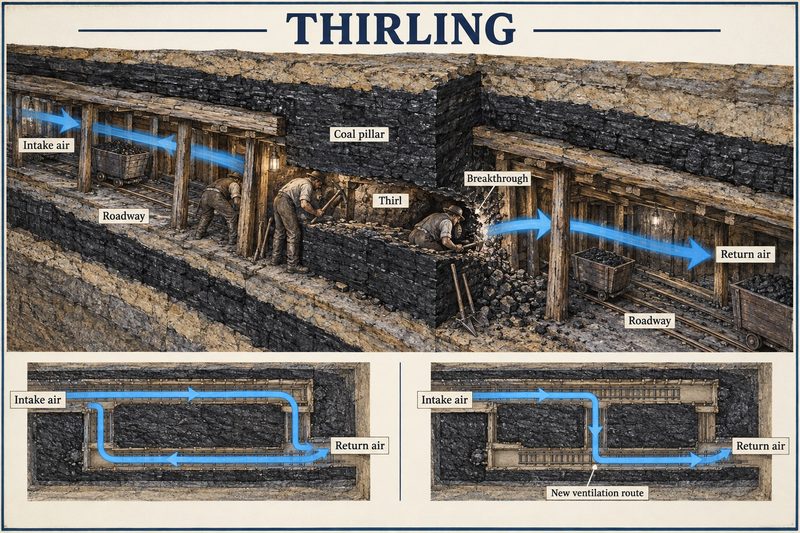 Miners hole through a coal pillar to connect two roadways, with plans showing how the new thirl shortens the ventilation route from intake to return.