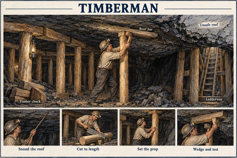 A timberman sets a prop under a roof bar beside a chock and ladderway, above steps from sounding the roof and cutting to length to wedging and testing.