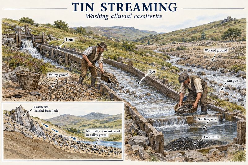 Two tinners shovel valley gravel into a leat-fed tye where heavy cassiterite settles, with an inset of tin eroded from a lode and concentrated in the gravel.