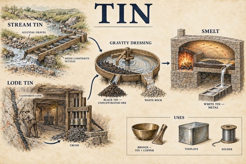 Stream tin caught in a launder and lode tin crushed by stamps, both dressed in a round buddle to black tin and smelted to white tin.