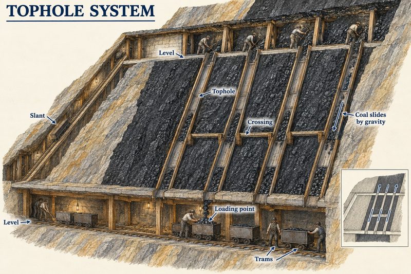 A steep coal seam with narrow topholes driven up from a level, coal sliding down them by gravity to be loaded into trams below.