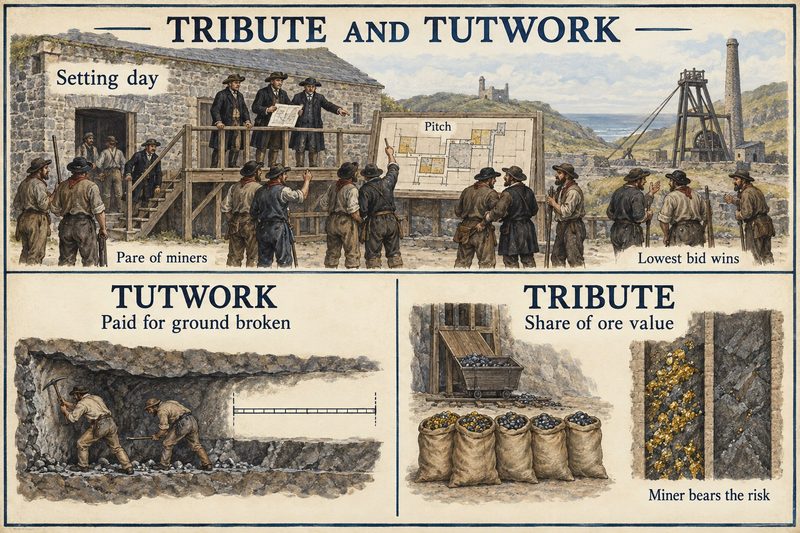 Pares of miners bid for pitches at a Cornish setting day, above panels contrasting tutwork paid for ground broken and tribute paid a share of the ore's value.