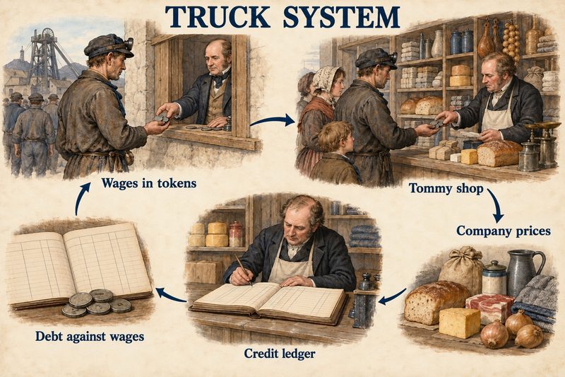 Wages paid in tokens, spent at the tommy shop at company prices and entered in a credit ledger as debt against the next wages.