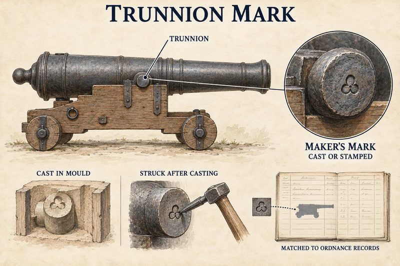 Diagram of a cannon's trunnion carrying a maker's mark, shown both formed in the casting mould and struck into the finished metal afterwards, and matched against an ordnance ledger.