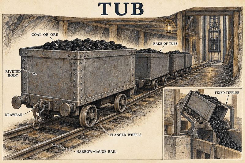 Technical diagram of riveted mine tubs coupled on narrow-gauge rails, with flanged wheels, drawbar and an inset showing a fixed tippler.