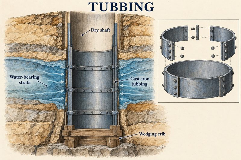 Cut-away of a shaft lined with cast-iron tubbing through water-bearing strata, seated on a wedging crib, with a detail of the ring segments.
