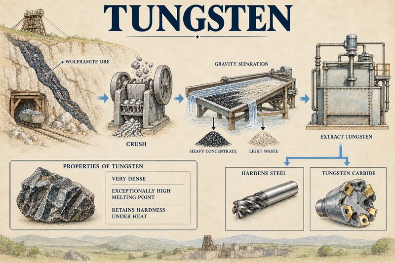 Sequence from a wolframite vein through crushing and gravity separation to extraction, with tungsten's properties and its use in steel and carbide tooling.