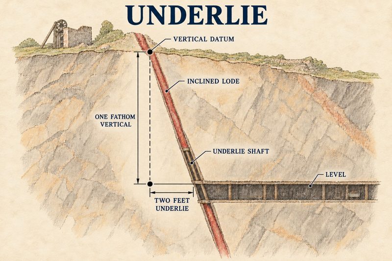 Section through an inclined lode showing two feet of horizontal underlie for one fathom of vertical depth, with an underlie shaft following the lode down to a level.